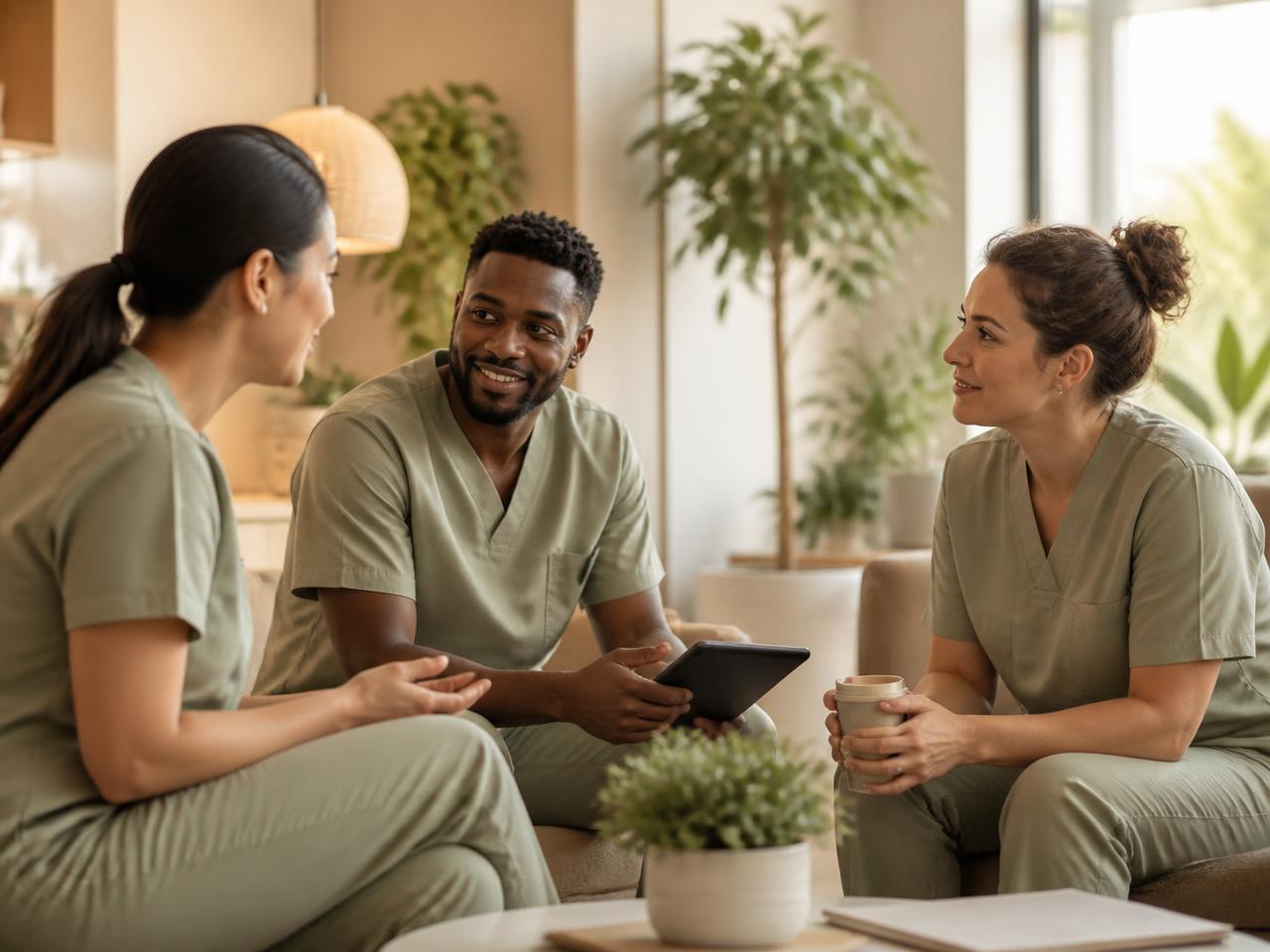 Care team members talking together in a bright clinic office