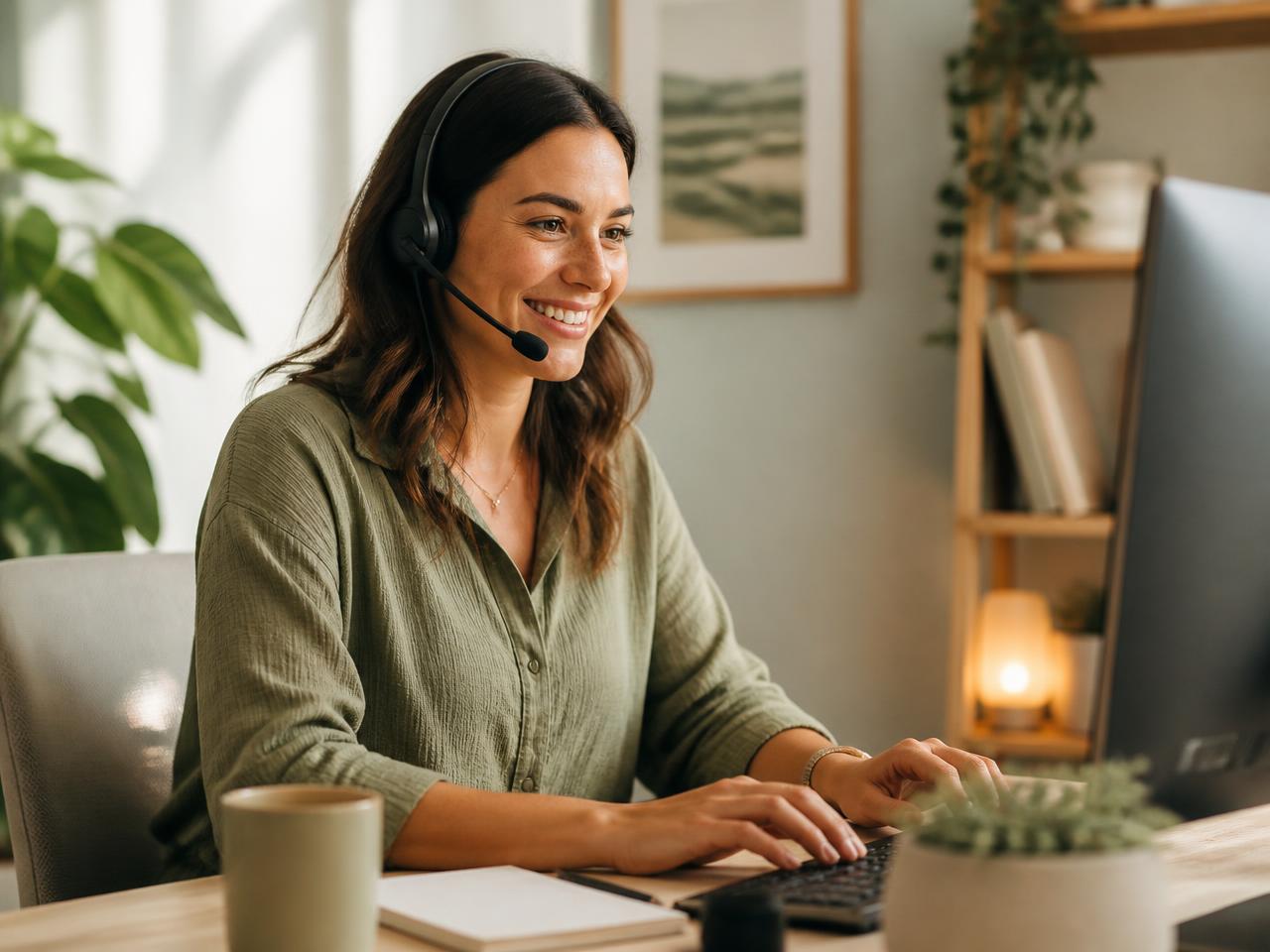 Support specialist wearing a headset at a desk