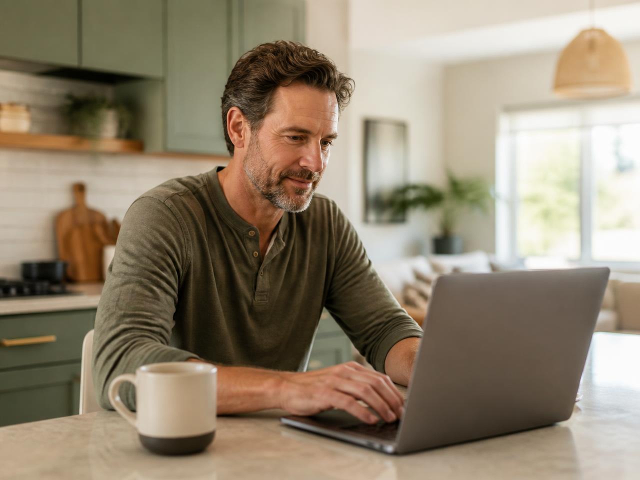 Man completing an online health questionnaire at his kitchen counter