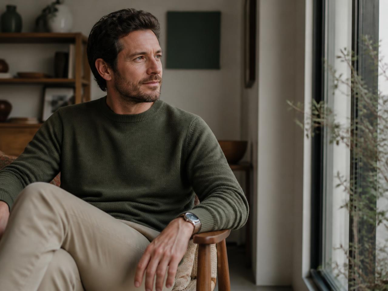 Man sitting by a window at home in a calm interior