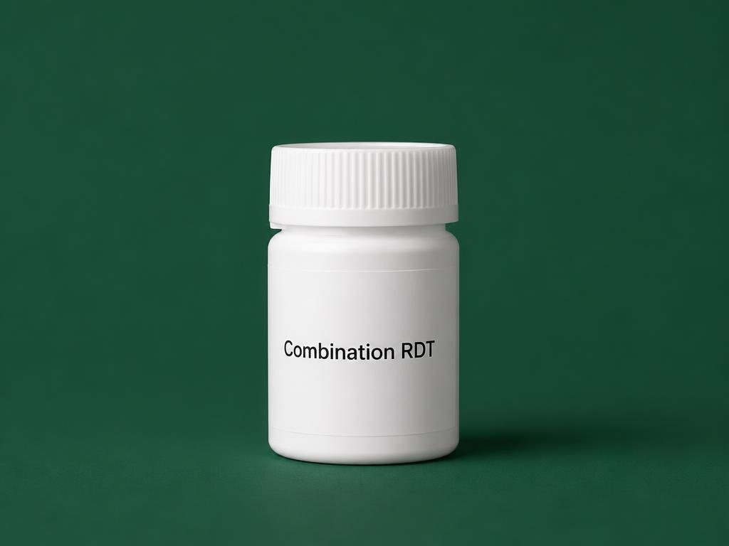 Bottle of a compounded combination rapid dissolving tablet on a deep green background