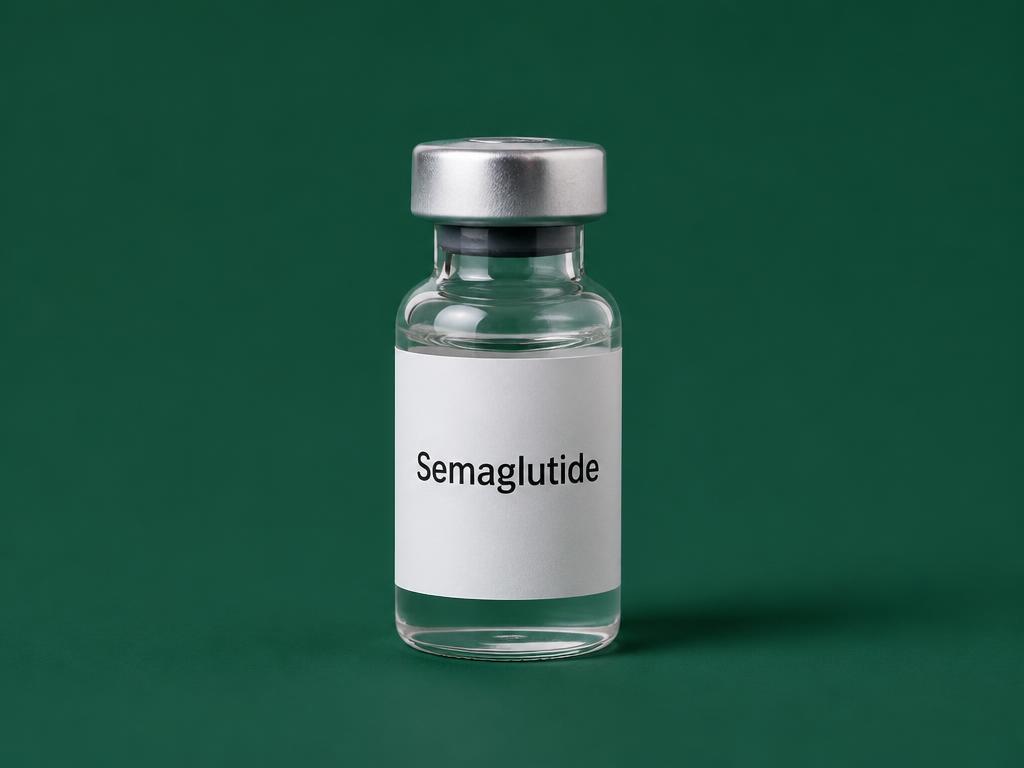 Vial of compounded semaglutide injectable on a deep green background