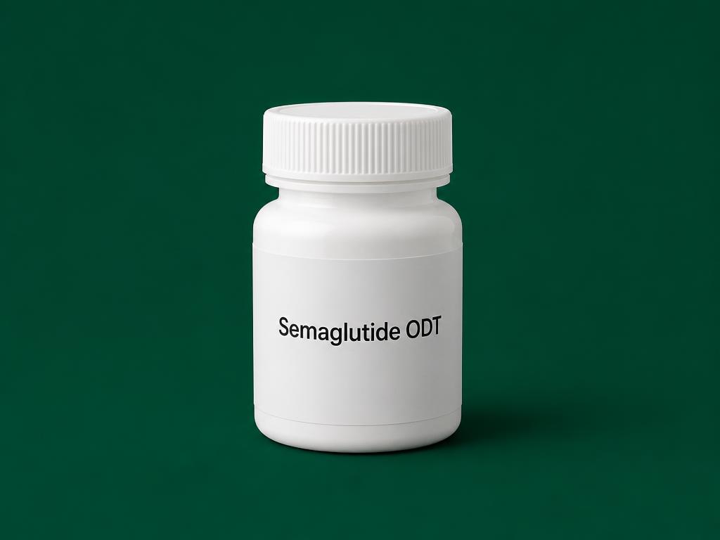 Bottle of compounded semaglutide oral dissolving tablets on a deep green background