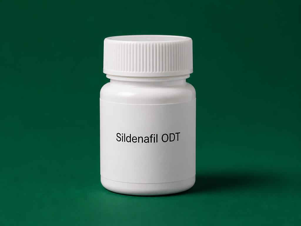 Bottle of compounded sildenafil oral dissolving tablets on a deep green background