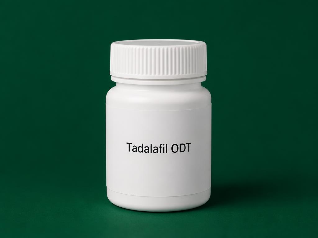 Bottle of compounded tadalafil oral dissolving tablets on a deep green background