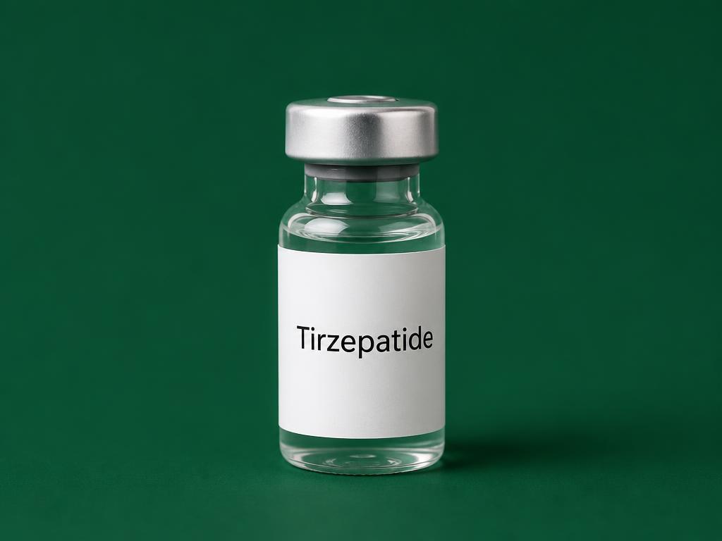 Vial of compounded tirzepatide injectable on a deep green background