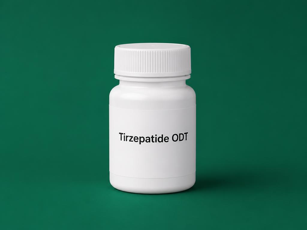 Bottle of compounded tirzepatide oral dissolving tablets on a deep green background